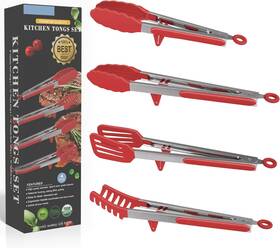 Ac2125 Aschef 4in1 Stainless Steel Kitchen Food Tongs Set For Cooking With Silicone Red