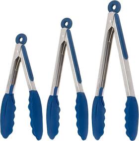 Culinary Couture 697111934852 Silicone Kitchen Tongs With Tips Set Of 3 Heat Resistant Blue