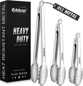 Ed-03 Eddeas Tongs For Cooking - All Metal Heat Resistant 600 7 9 12 Inch Silver 3pcs