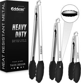 Ed-07 Eddeas Kitchen Tongs With Silicone Tips Heat 7 9 12 Inch Black Tip 3pcs