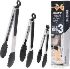 Tp321 Flexihold Premium Stainless Steel Kitchen Tongs Pack Of 3 For Grilling And Bbq - Black
