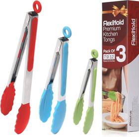 Tp324 Flexihold Premium Stainless Steel Kitchen Tongs Pack Of 3 For Grilling And Multi Colour