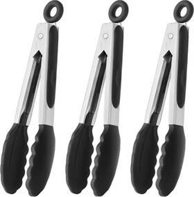 St7077 Hinmay Mini Tongs With Silicone Tips 7-inch Kitchen Set Of 3 Black