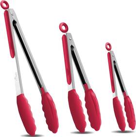 Jz-h03 Hotec Premium Stainless Steel Locking Kitchen Tongs With Silicon 3pack Red