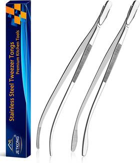 Tweezers001 Jetkong 2 Pcs 12ftft Curved Kitchen Tweezers Stainless Steel 12-inch Silver