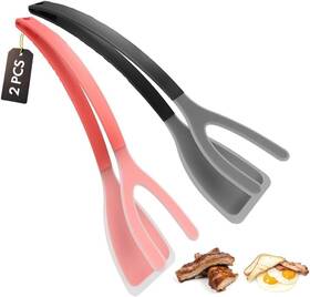 Miamst S236jk Silicone Kitchen Spatula Tong Set Of 2 Heat Resistant 2-in-1 Black Red