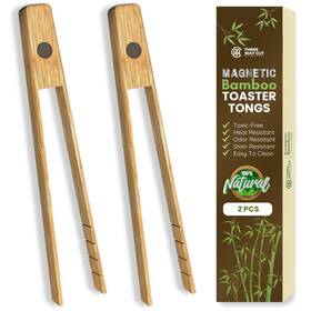 Three Way Cut 746160415758 Toaster Tongs With Magnet Bamboo Kitchen 2 Pcs - Brown