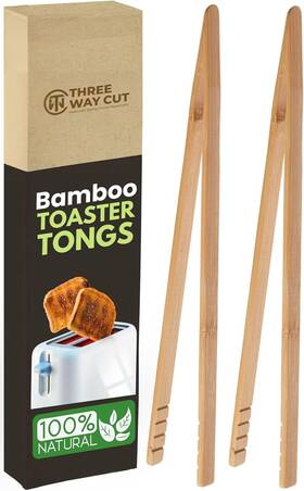 Three Way Cut 746160415772 Wooden Toaster Tongs 2 Pcs Bamboo Kitchen Utensils For Cooking And Brown