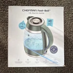 Chefman Fast-boil Electric Kettle 1.8L Glass 1500W Led Drip-free Swivel Base. Fixed Price $26.99.