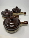 Vtg Set 3 Stoneware French Onion Soup Chili Bean Crock Bowl Handle Lid Rest. Fixed Price $17.99.