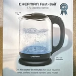 Chefman Fast-boil Glass Electric Kettle 1.7L, Blue Led, Clear/black. Fixed Price $10.00.