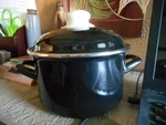 White Enameled Steel Stock Soup Pot Basic Black Lid Holds 6 Cups Of Liq. Fixed Price $25.64.