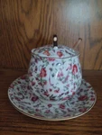Jam Pot 4 1/2 In. High, With Lid, Saucer & Spoon, Rose Design, MV3377. Fixed Price $9.99.