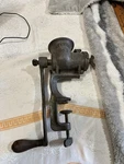 Crank Russwin No 3 Metal Meat Grinder, Clamps Countertop Wood Handle. Fixed Price $48.00.