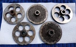 Vintage Lot 5 Large 6" Kasco Never Sold Hook Eye Big Meat Grinder Plates Set. Fixed Price $249.95.