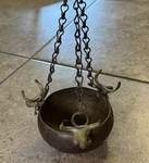 Antique Middle Eastern Metal Hanging Planter Pot Beggars Bowl With Bull Heads. Fixed Price $79.95.