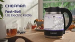 Chefman 1.8 Liter Fast Boil Glass Electric Kettle Led Light Swivel Base Auto Off. Fixed Price $20.00.