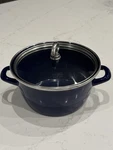 Chantal Blue Enamel-on-steel 2.5 Quart Soup Pot With Tempered Glass Lid. Fixed Price $36.99.