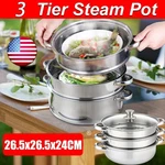 3 Tier Stainless Steel Cooker Steamer Set Pan Pot With Glass Lid Usa. Fixed Price $34.19.