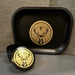 Jagermeister Black Herb Grinder And Tray Set With Gold Deer Logo. Fixed Price $25.00.
