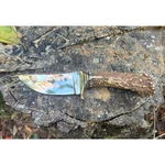 Handmade Hunting Knife: 01 Tool Steel, Mule Deer Antler, Leather Sheath. Fixed Price $150.00.