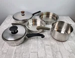 Vintage Stainless Steel 7 Pcs Lustre Craft West Bend Seal-o-matic Skillets Lot. Fixed Price $42.87.