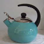 Farberware Luna Whistling Tea Pot Kettle 2.5 Qt Aqua Blue Green Enamel On Steel. Fixed Price $14.99.