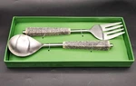 Nib Resin Aztec Styled Handle Steel Fork Spoon Salad Server Set. Fixed Price $14.00.
