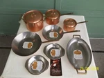 Unused! 11 Pieces Paul Revere 1801 Copper Stainless Steel Skillets, Pots & Pans. Fixed Price $620.00.