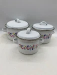 Vintage 1980S Gourmet Craft Set Of 3 W/lids Enamelware Cooking Pots Floral. Fixed Price $38.00.