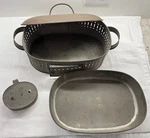 1800S Antique Victorian 19THC Tinned Oval Roaster Pan W Insert Tray & Oil Burner. Fixed Price $57.00.