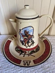 Cowboy Enamel Coffee Pot & Plate Set Round-up Ranchware Western Old Decor. Fixed Price $54.00.