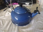Creuset Enamel On Steel Whistling Tea Kettle 1.7 Qt. Blue. Fixed Price $50.00.