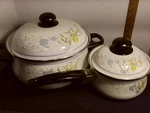 Heavy Metal Lidded Large And Small Cooking Pots Flower Gourmet. Fixed Price $50.00.